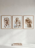 Warm neutral figurative oil painting set of three on a wall