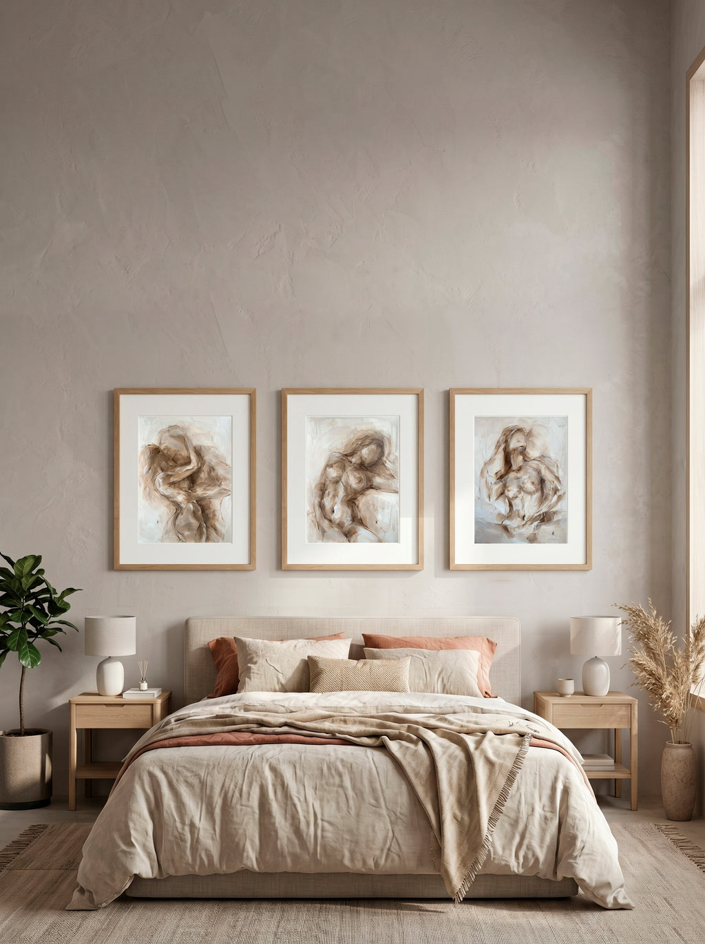 Beige oil painting set of three above a bed, neutral bedroom