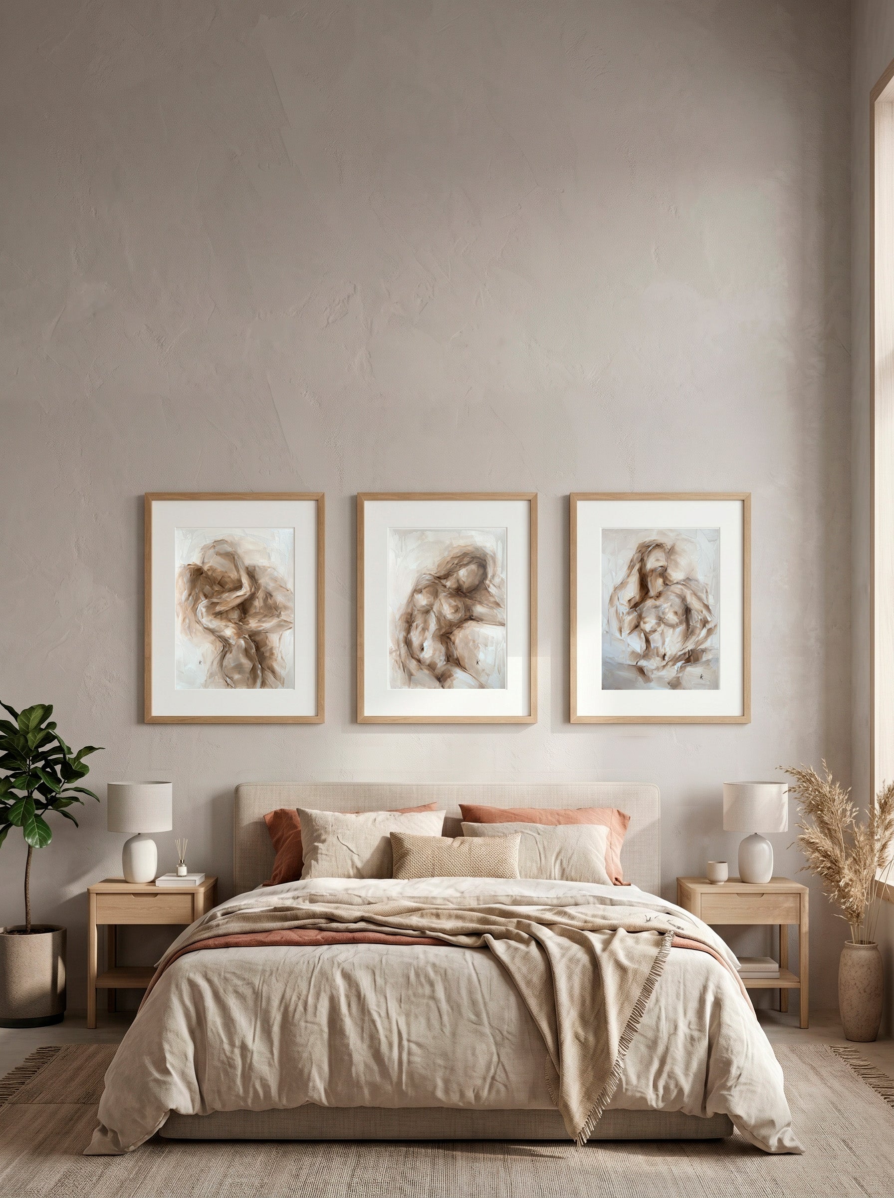 Beige oil painting set of three above a bed, neutral bedroom