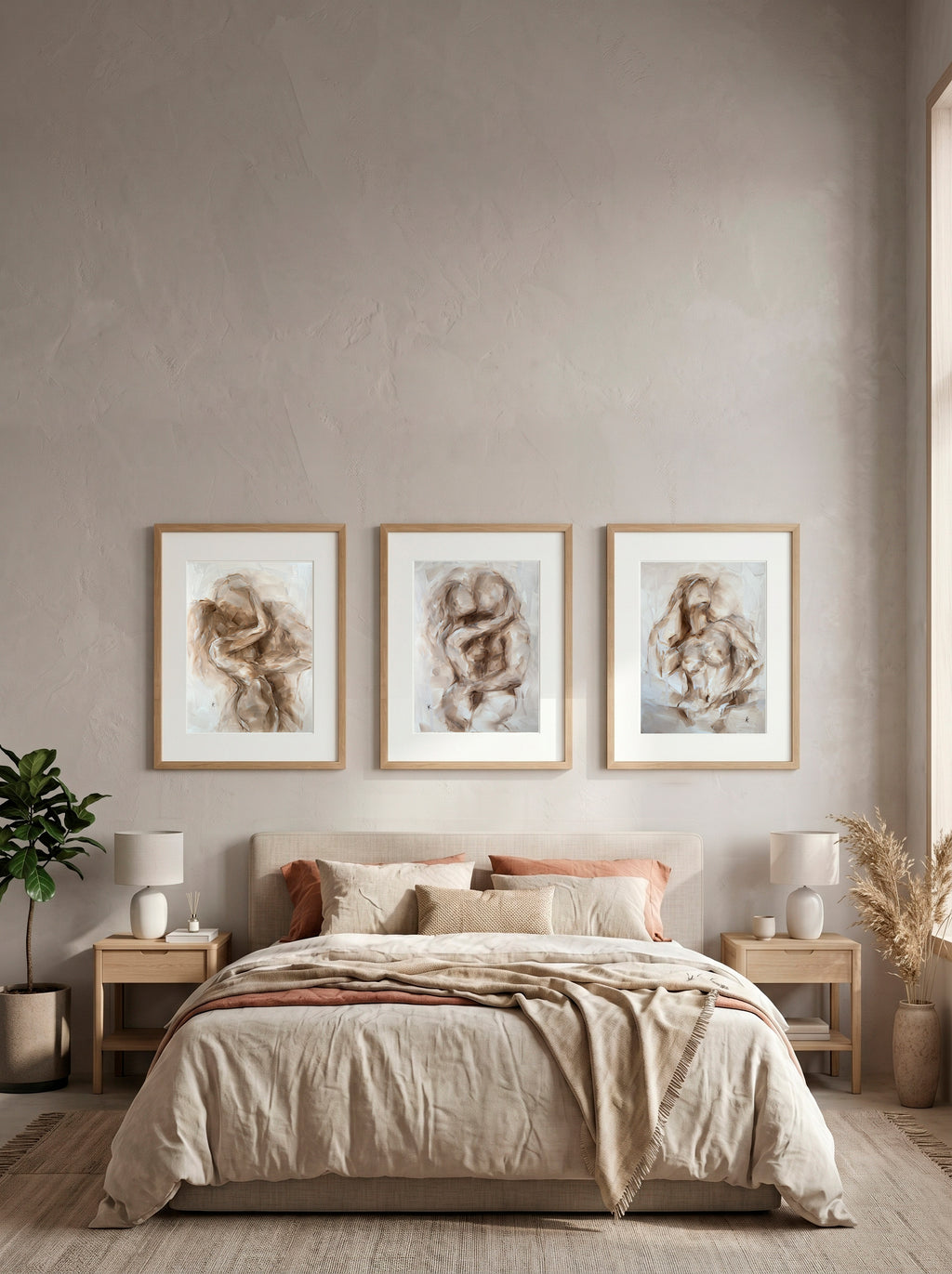 Three earthy-toned figure paintings arranged as a triptych