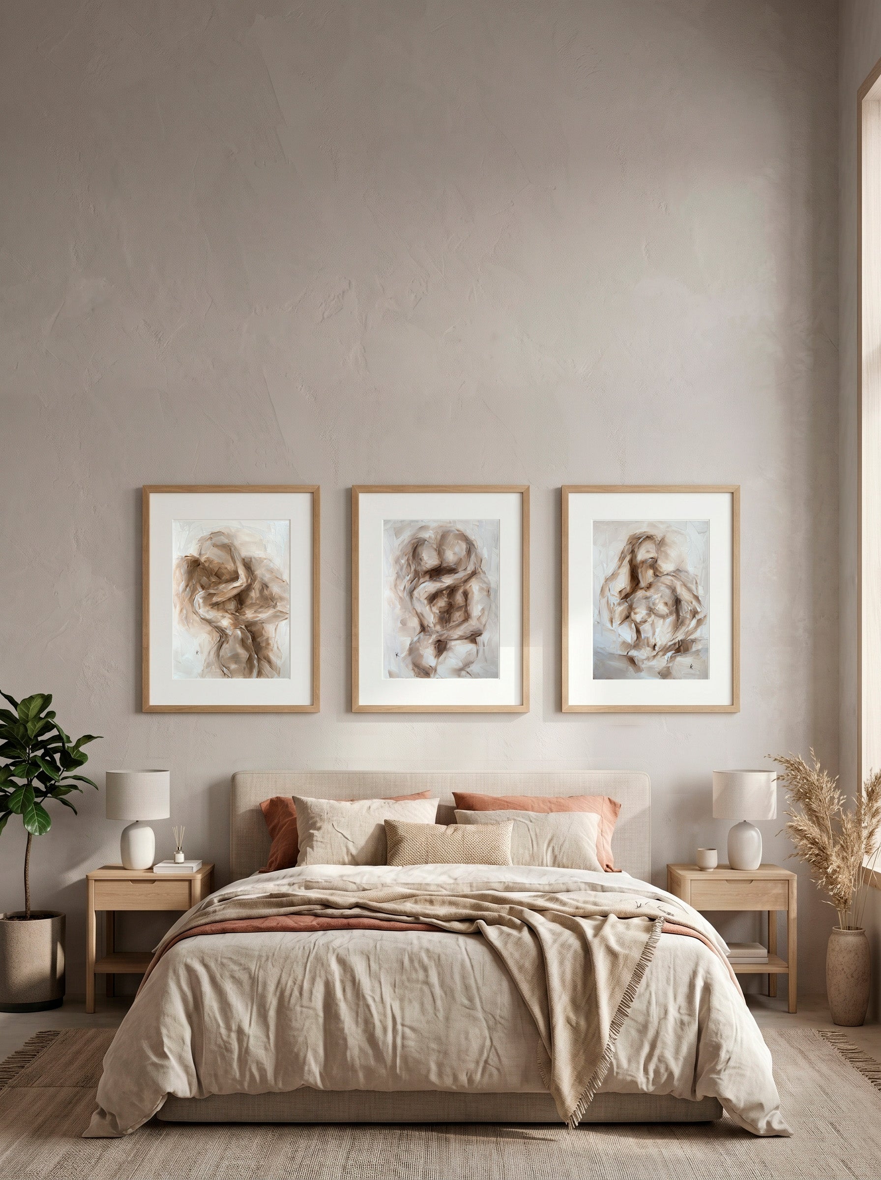 Three earthy-toned figure paintings arranged as a triptych