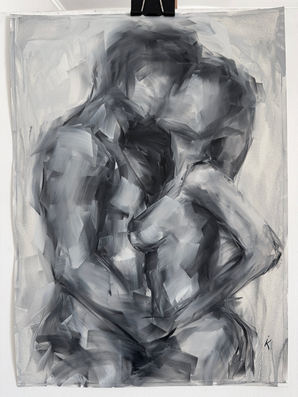 Embrace — Set of Three Black and White Oil Paintings
