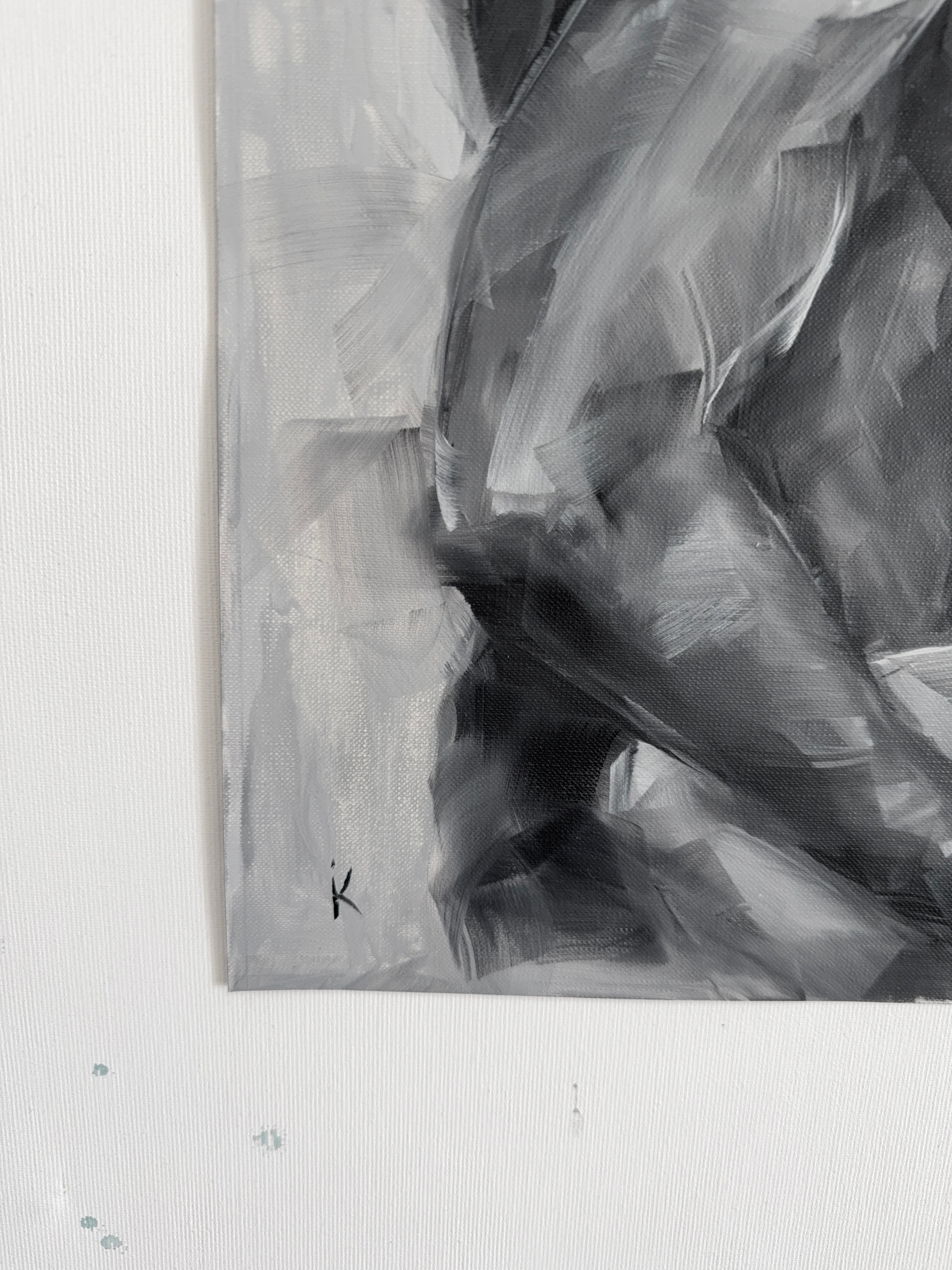 Close-up of expressive brushwork, monochrome figure painting