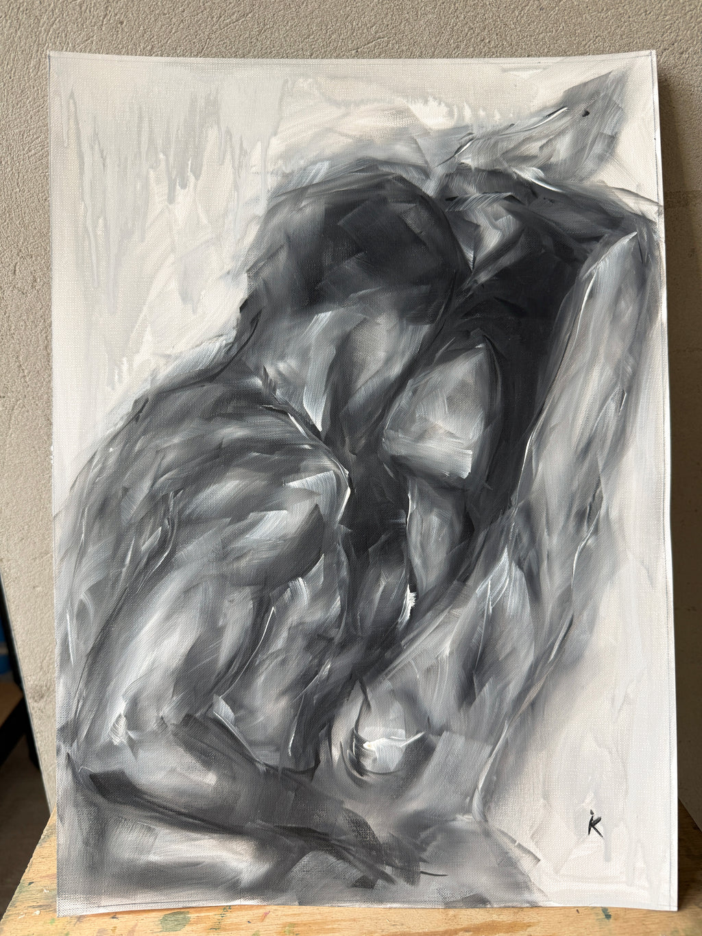 Embrace — Set of Three Black and White Oil Paintings