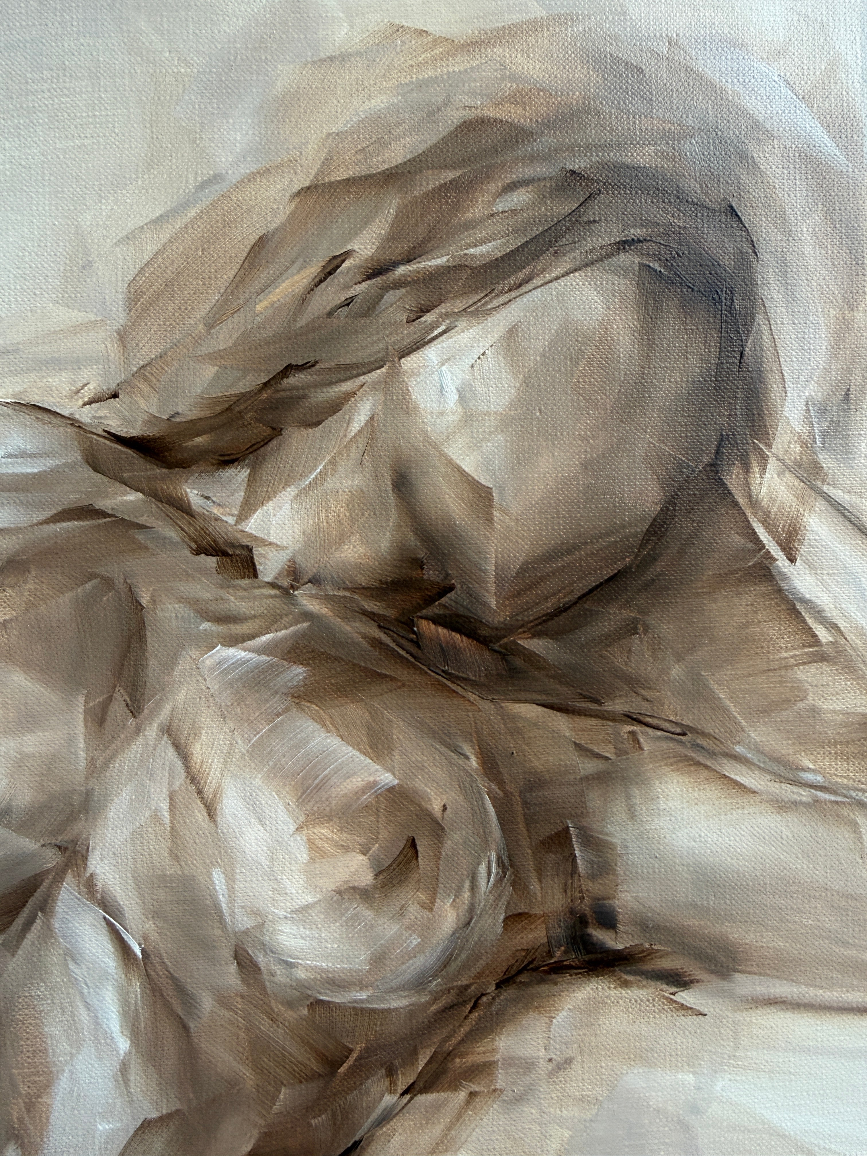 Close-up of brush texture on beige oil painting