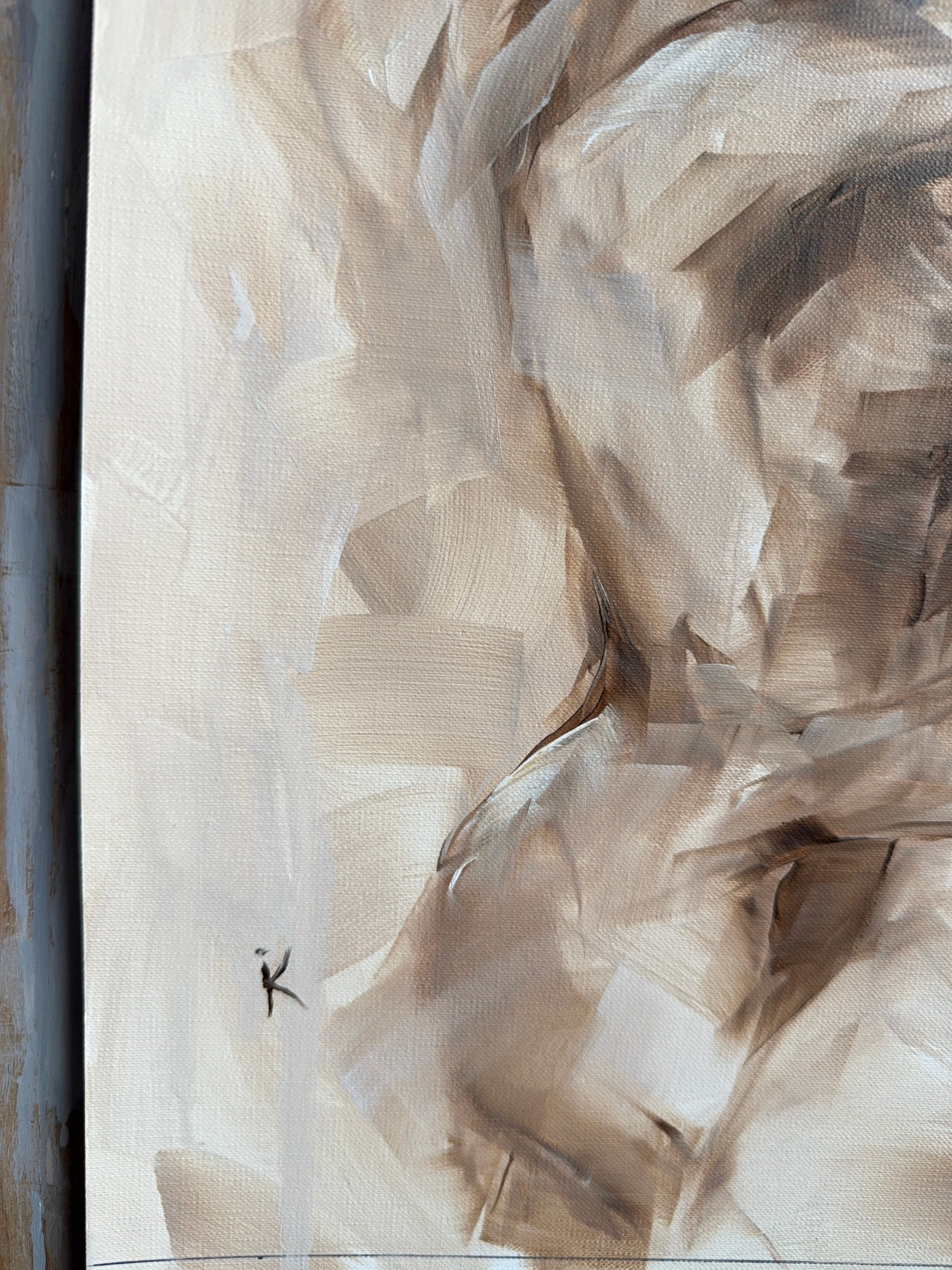 Detail of warm beige brushwork, original oil painting