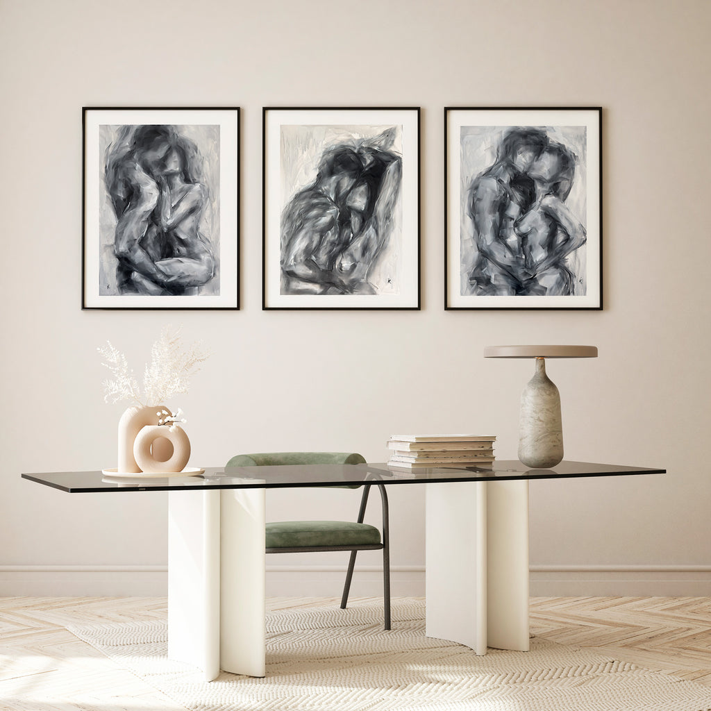 Embrace — Set of Three Black and White Oil Paintings