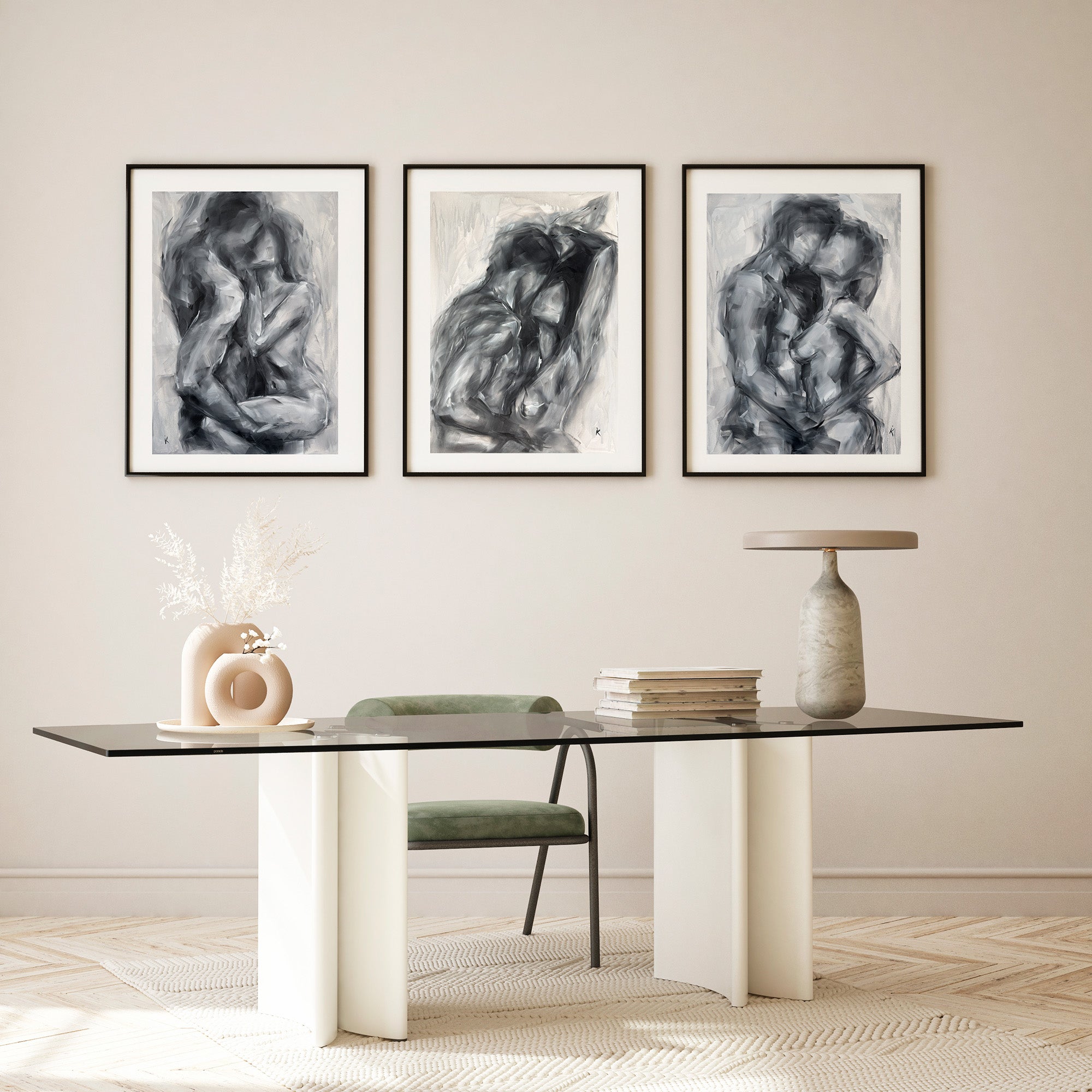 Embrace — Set of Three Black and White Oil Paintings