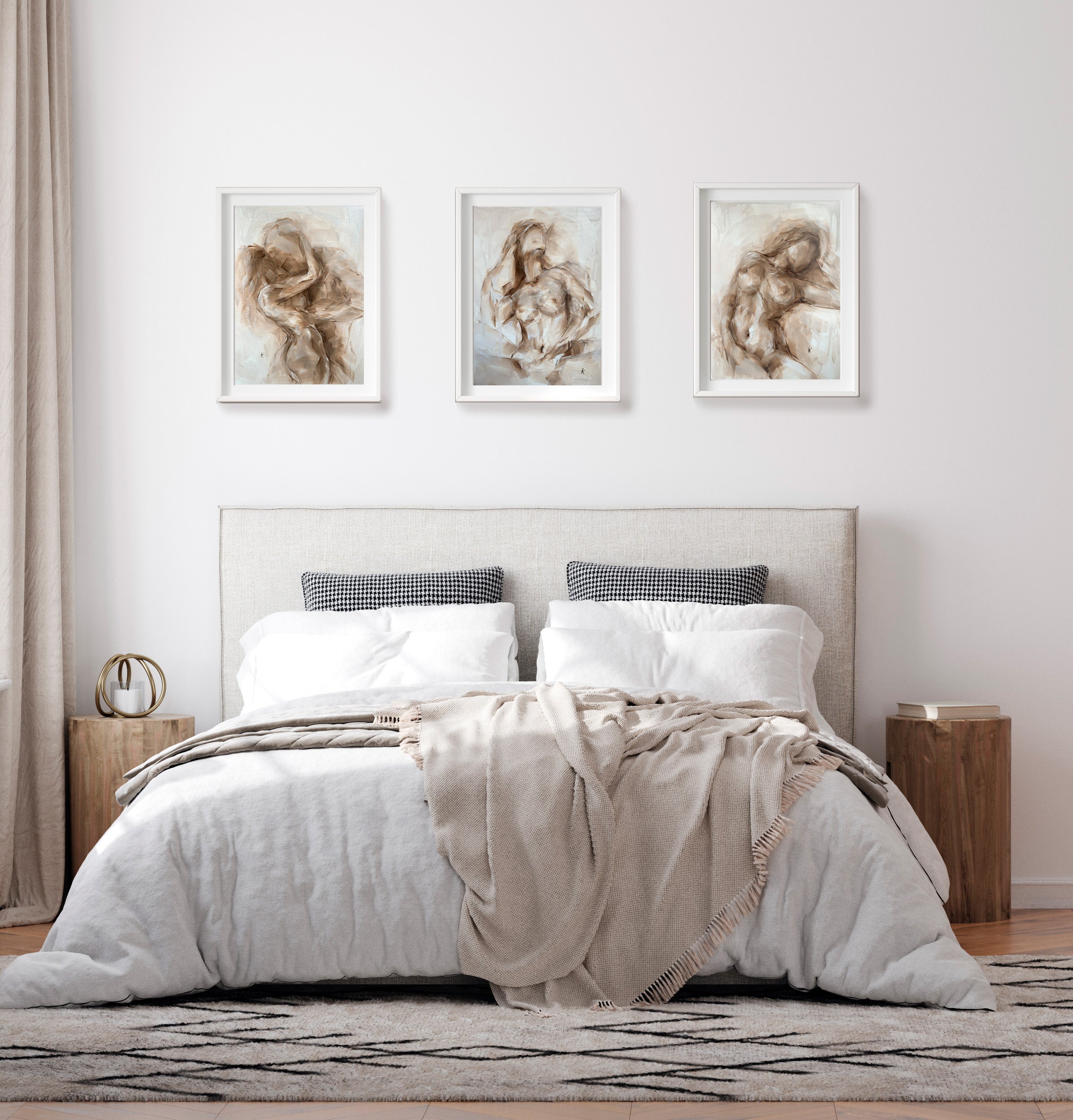Minimalist beige wall art in a modern bedroom
