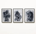 Three monochrome figure prints as a gallery triptych on a white wall