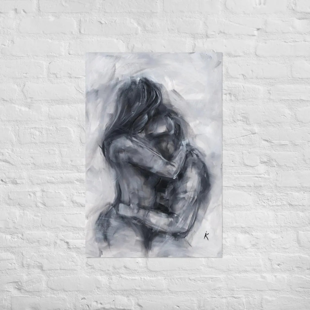 Charcoal print of two figures embracing, expressive brushwork