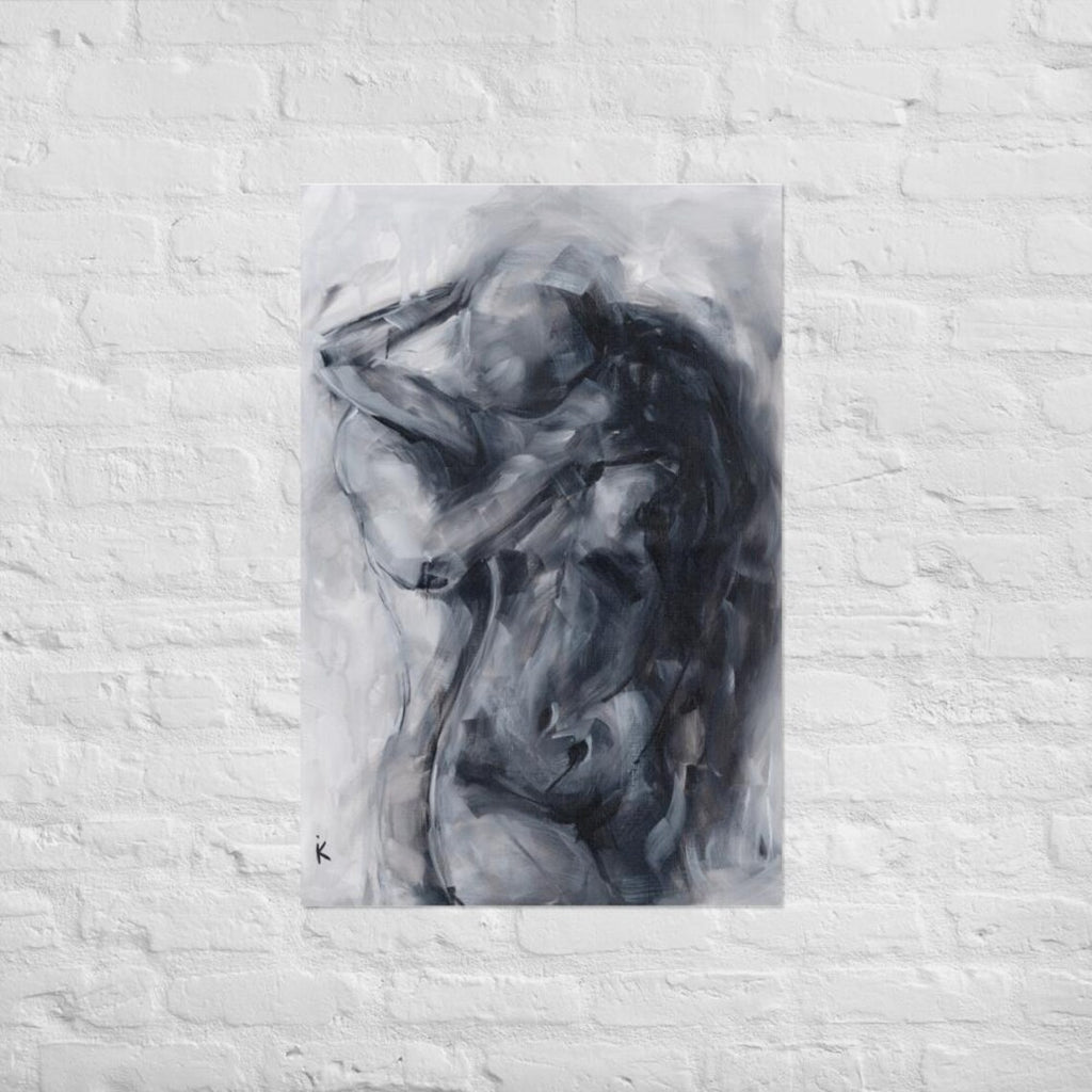 print of two figures in an embrace, expressive brushwork