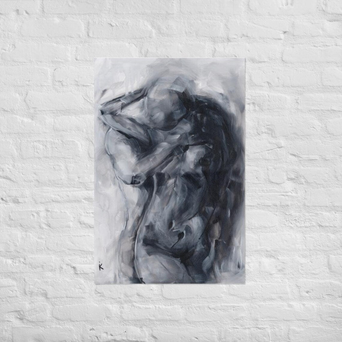 print of two figures in an embrace, expressive brushwork