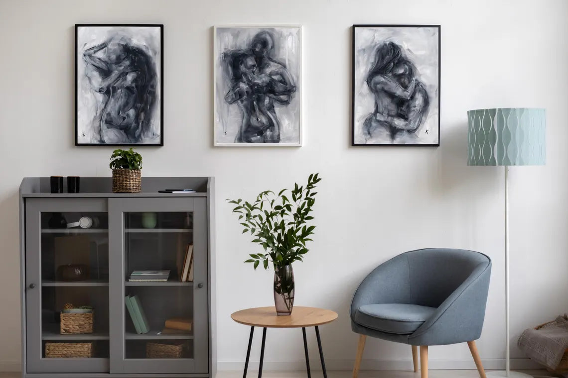 Monochrome gallery wall set styled in a modern living room