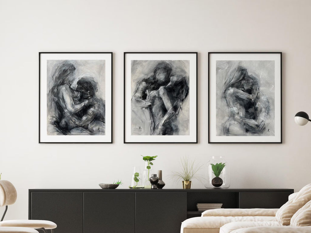 Minimalist gallery wall set in a neutral modern bedroom