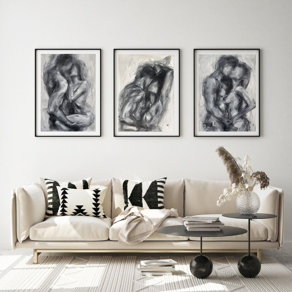 Three original paintings arranged as a gallery wall
